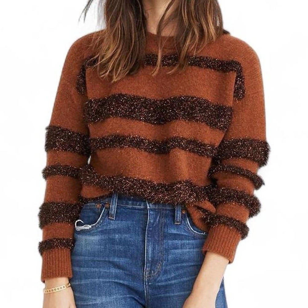 Madewell Fuzzy Striped Knit Sweater – Rust Brown Metallic Cozy Fall Pullover - Picture 7 of 8